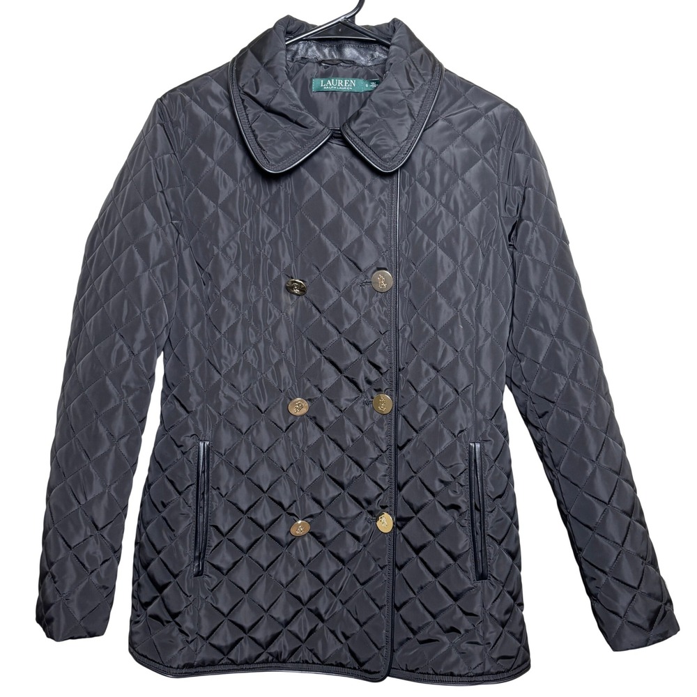 Lauren Ralph Lauren Black Double Breasted Diamond Quilted Peacoat Jacket Women S